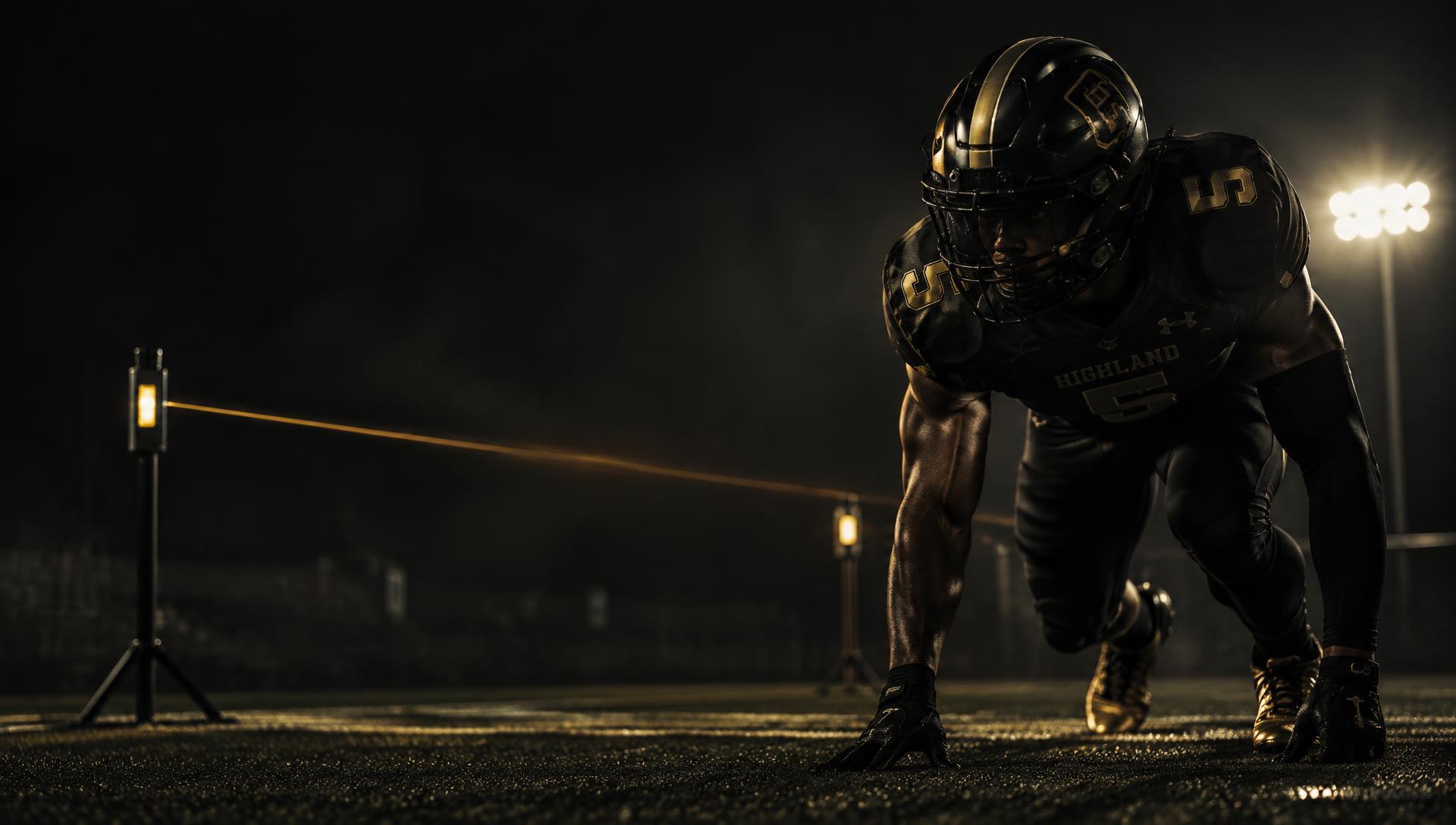 Football athlete in stance under stadium lights